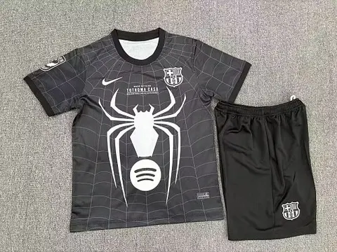 2026/27 Barcelona Black Spider-Man Kids Kit Soccer Jersey Size 16-28