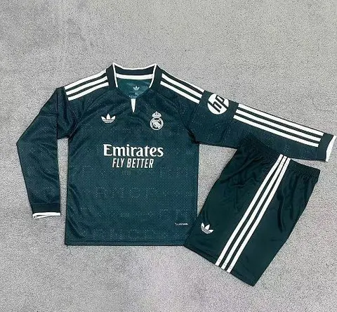 2026/27 Real Madrid Away Green Long Sleeve Kids Kit Jersey Size 16-28
