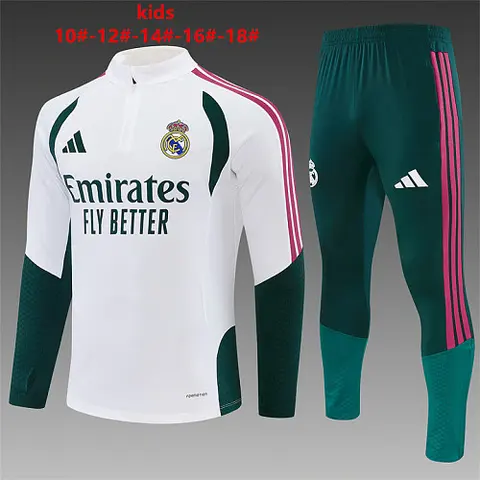 2026/27 Real Madrid White and Green Half Zip Training Suit Kids Size 10-18