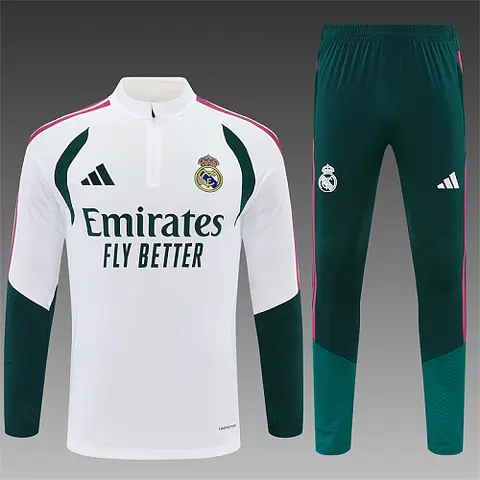 2026/27 Real Madrid White and Green Half Zip Training Suit S-2XL