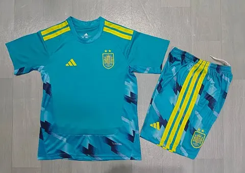 2026 Spain World Cup Two-Star Blue Goalkeeper Kids Kit Soccer Jersey 16-28