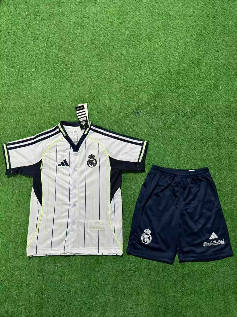 2025 Real Madrid White Baseball Jersey Kids Set 2025 皇马 白色 棒球服 孩子套装