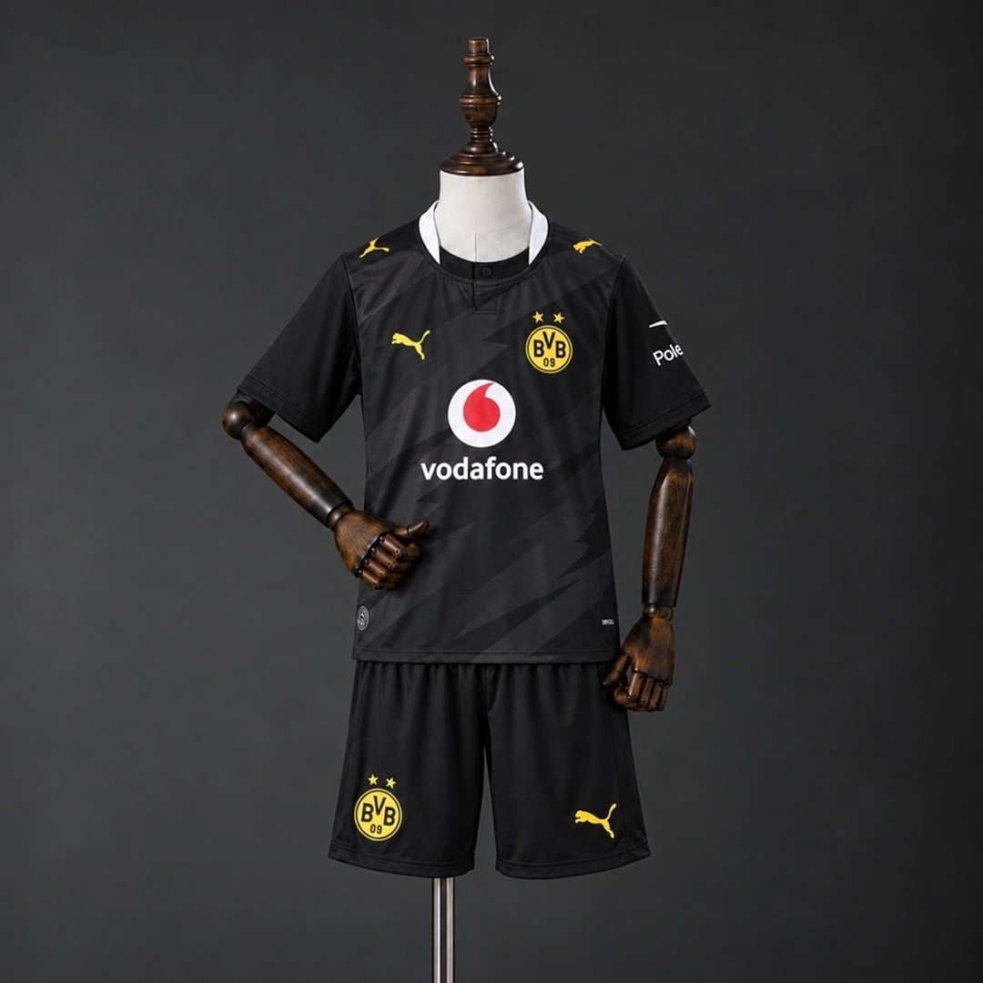 Ensemble de football enfant Borussia Dortmund noir — 2026/27 · Extérieur · tailles 16–28