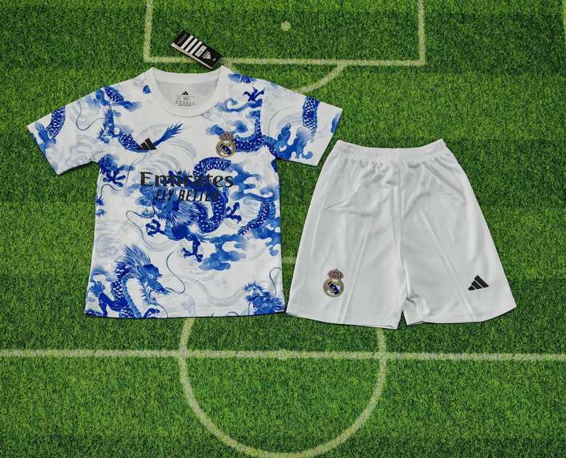 25 26 Real Madrid white blue dragon kid kits 25 26 皇马 儿童套装