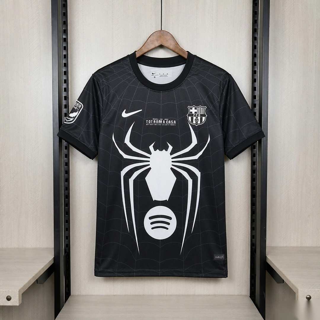 Maillot de football Barcelona noir Spider-Man concept — 2026/27 · tailles S–4XL