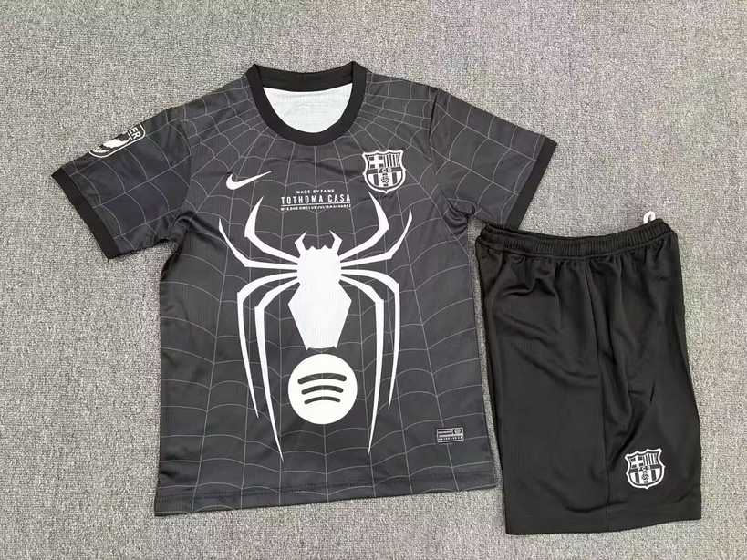 2026/27 Barcelona Black Spider-Man Kids Kit Soccer Jersey Size 16-28