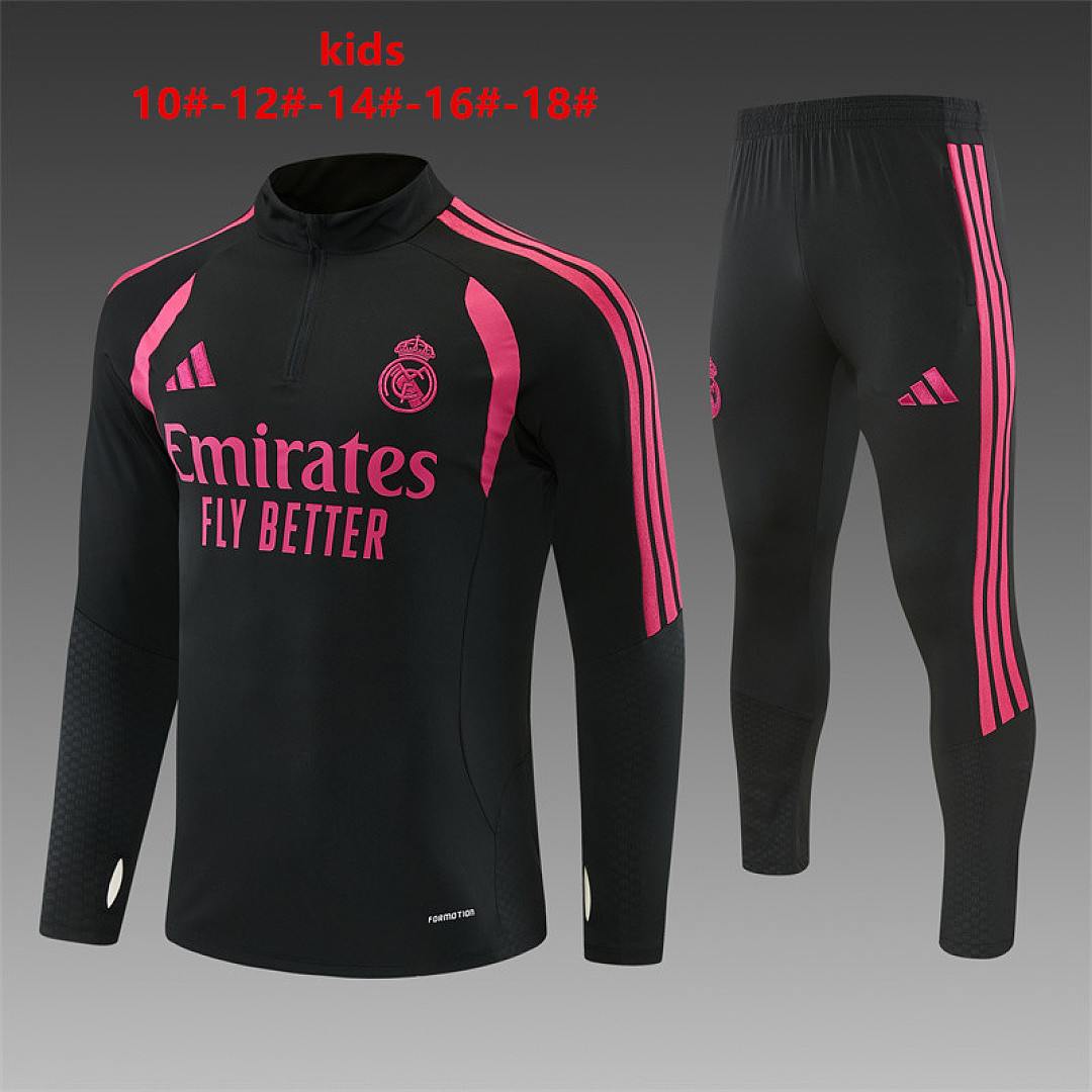 2026/27 Real Madrid Black and Rose Half Zip Training Suit Kids Size 10-18