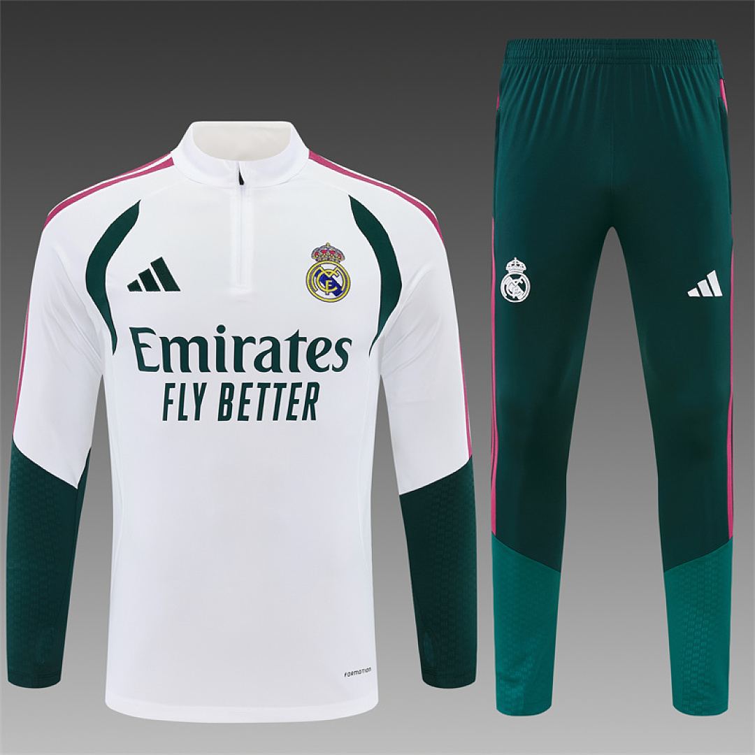 2026/27 Real Madrid White and Green Half Zip Training Suit S-2XL