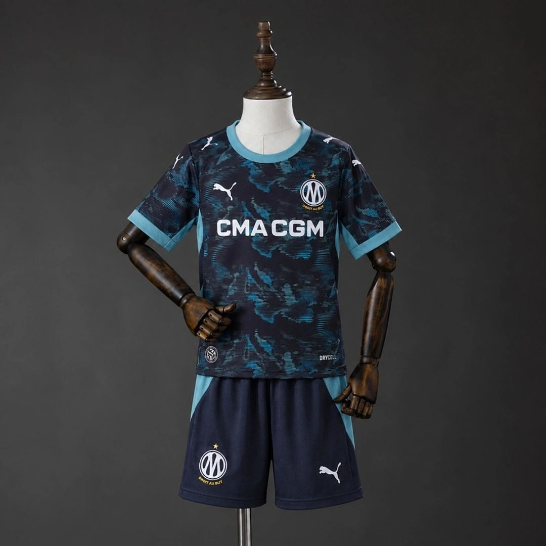 Ensemble de football enfant Olympique Marseille — 2026/27 · Extérieur · tailles 16–28