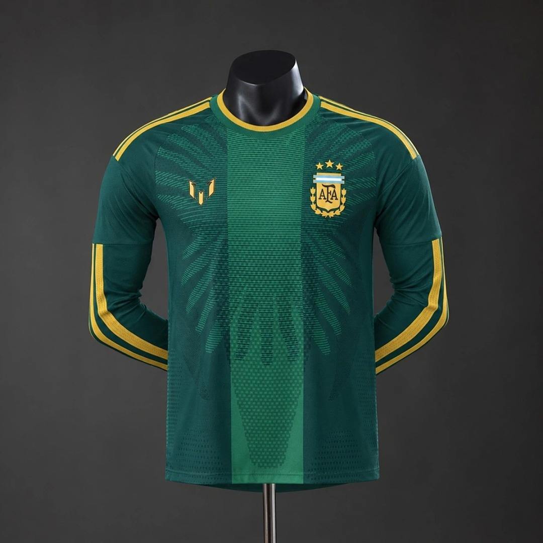 Maillot de football Argentine Messi Farewell vert — 2026 · Version joueur · Manches longues · tailles S–2XL