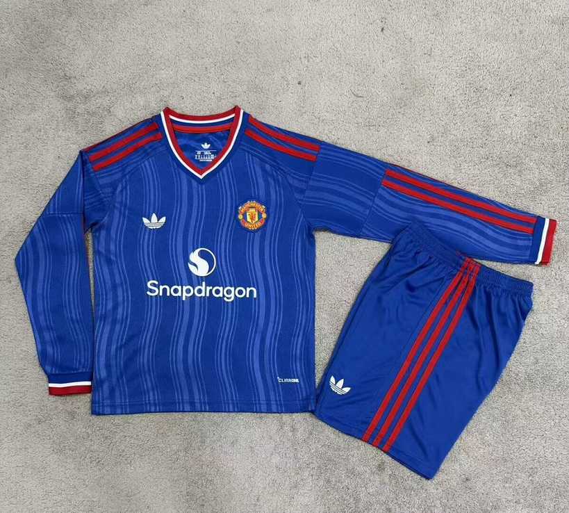 Ensemble de football enfant Manchester United bleu — 2026/27 · Extérieur · Manches longues · tailles 16–28