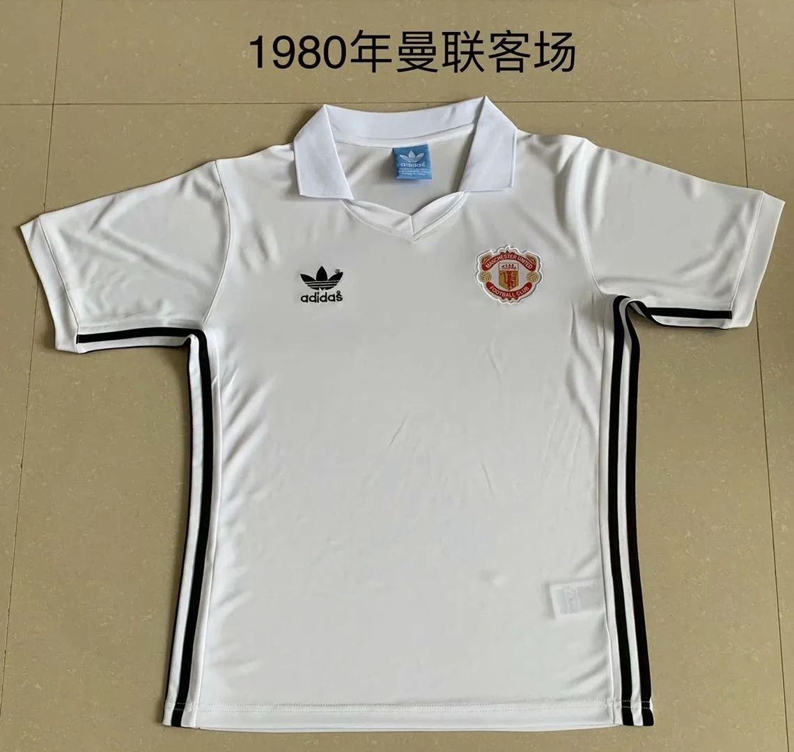 1980 Man United away retro white soccer jersey size S-2XL 曼联客场复古