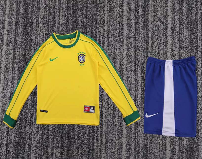 1998 Brazil home long sleeves kids kit Retro 1988 巴西 主场 长袖 儿童套装
