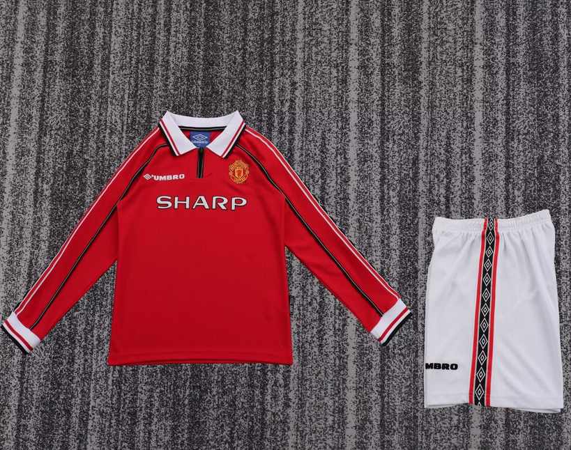 98 99 Man United Home Long-Sleeved Kids Retro Outfit 98 99 曼联 主场 长袖 孩子 复古套装