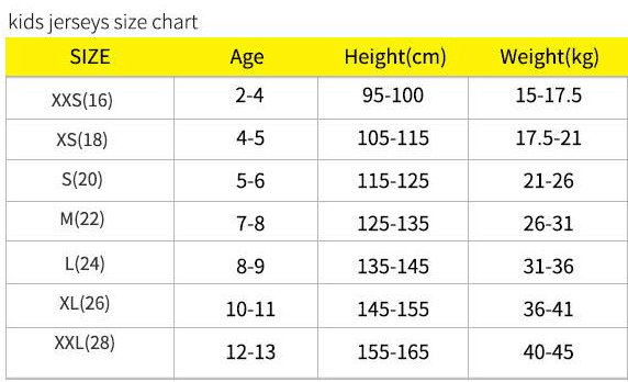 Children's shirt size table 儿童衬衫尺寸表