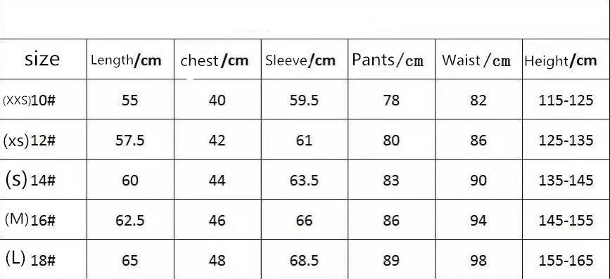 Children's training clothing size table 儿童训练服尺寸表