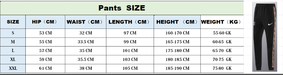 Training suit size table 大人训练服尺寸表