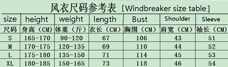 Windbreaker size table 风衣尺寸表